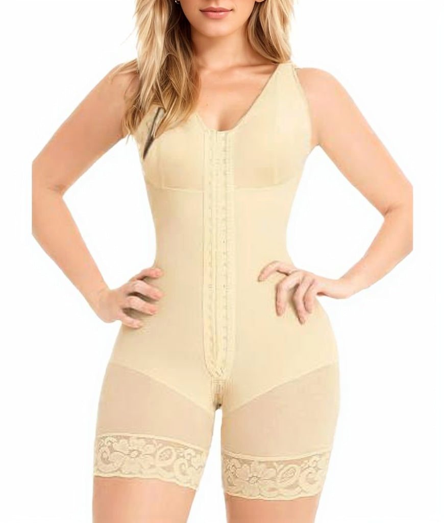 Porcelain hook-front full body shaper, front view on model