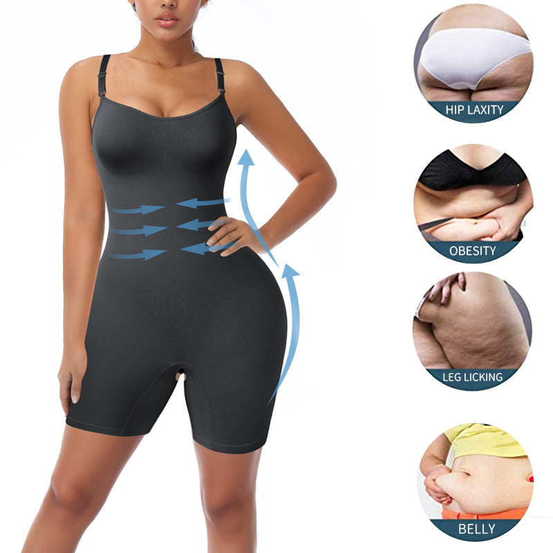 Black cami body shaper on model with shaping details
