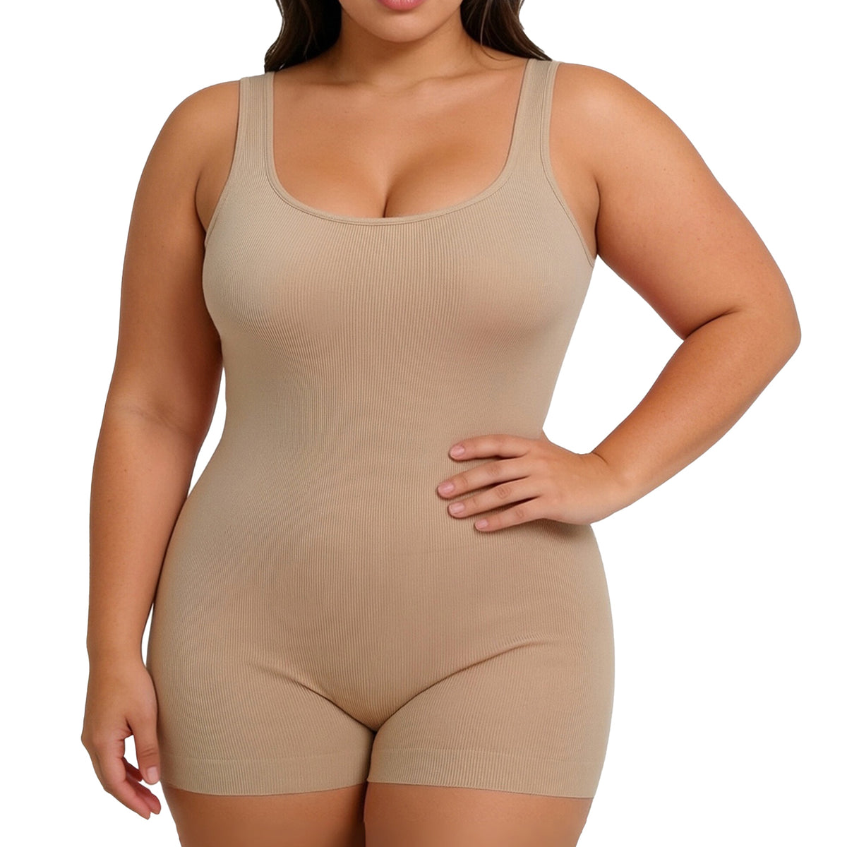 Nude seamless tank bodysuit, studio front view