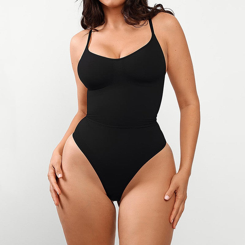 Black seamless spaghetti-strap thong bodysuit, front view on model