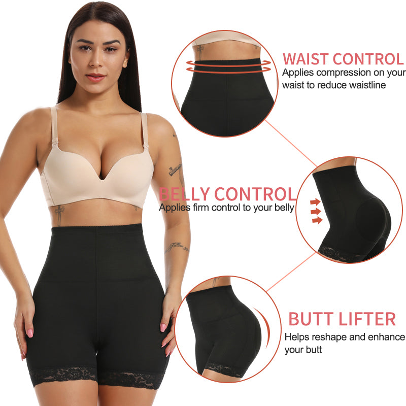 Black padded shaping shorts with waist, tummy and bum shaping details