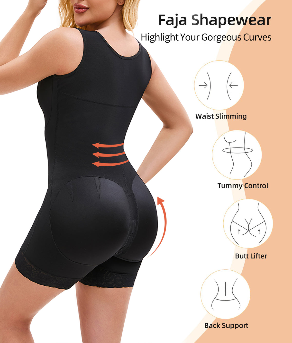 Black full body shaper, side view with shaping details
