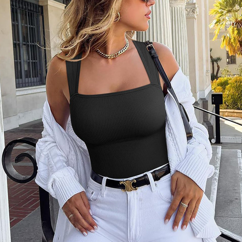 Black ribbed square-neck bodysuit styled with white jeans