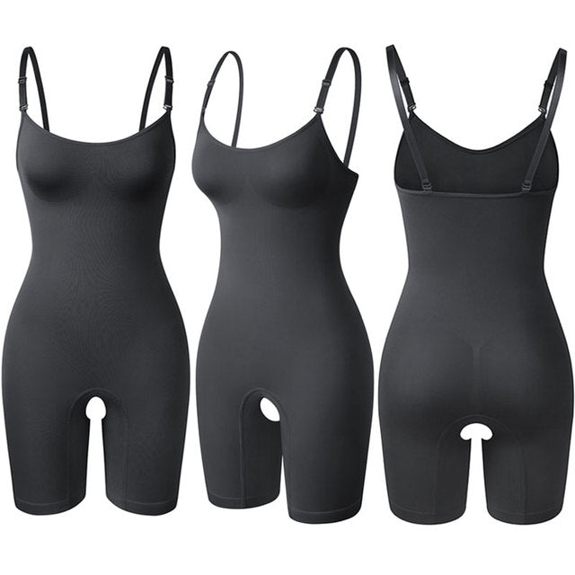 Black seamless cami body shaper, front, side and back views