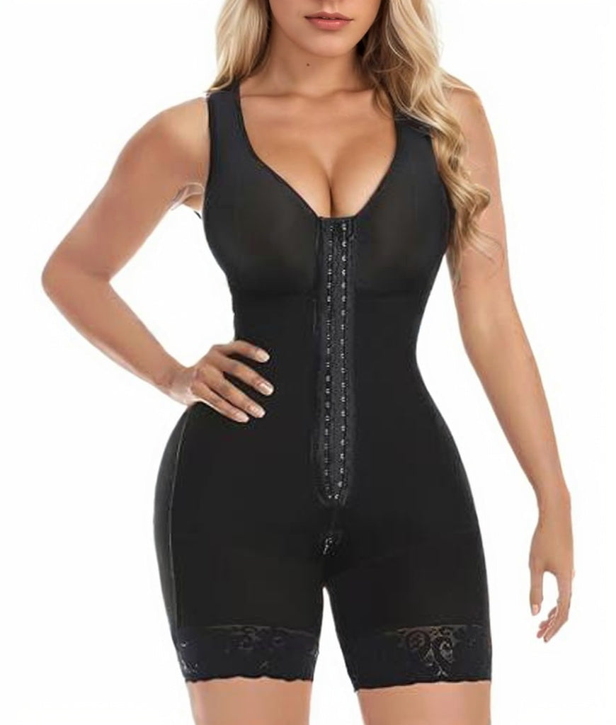 Black hook-front full body shaper with lace trim, front view on model