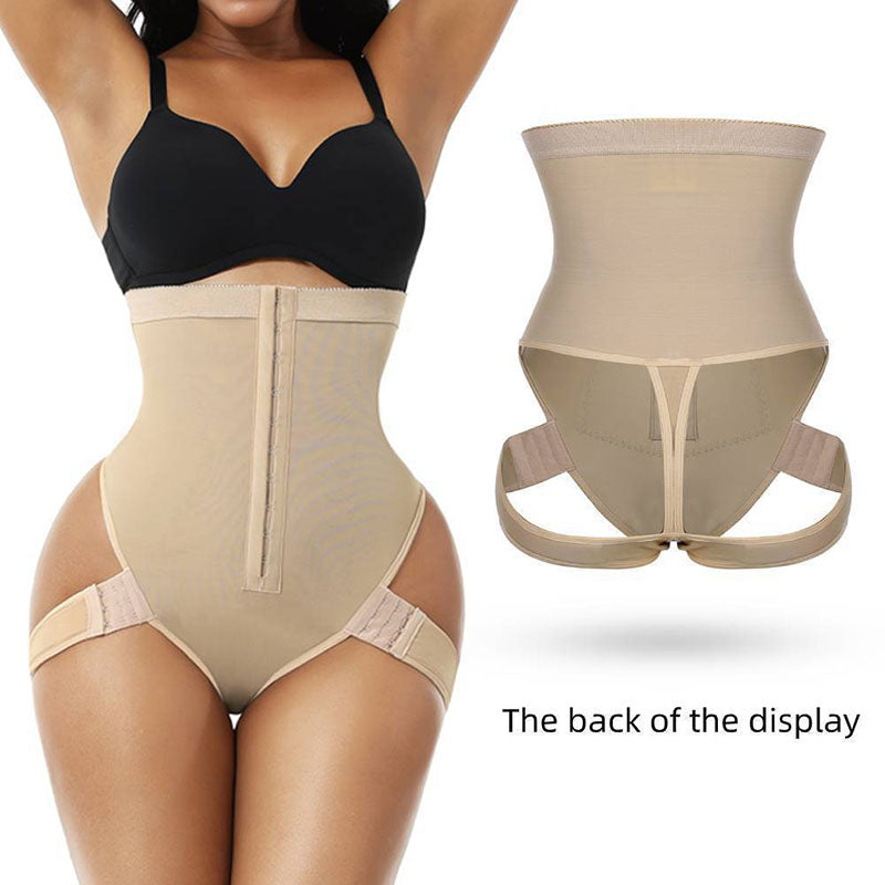 Nude waist cincher briefs, front on model and back view