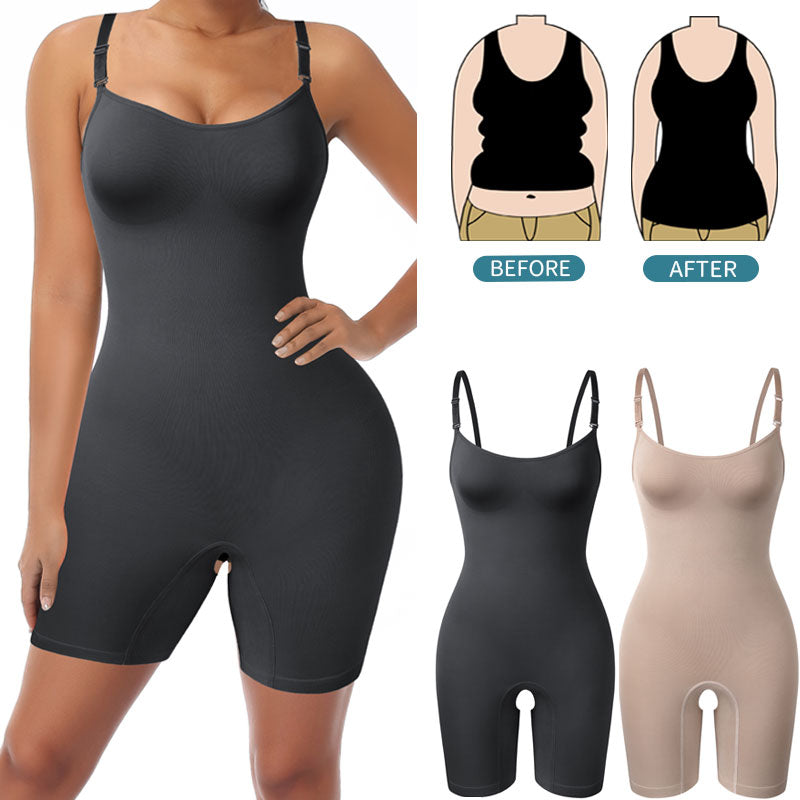 Black cami body shaper on model with before and after images