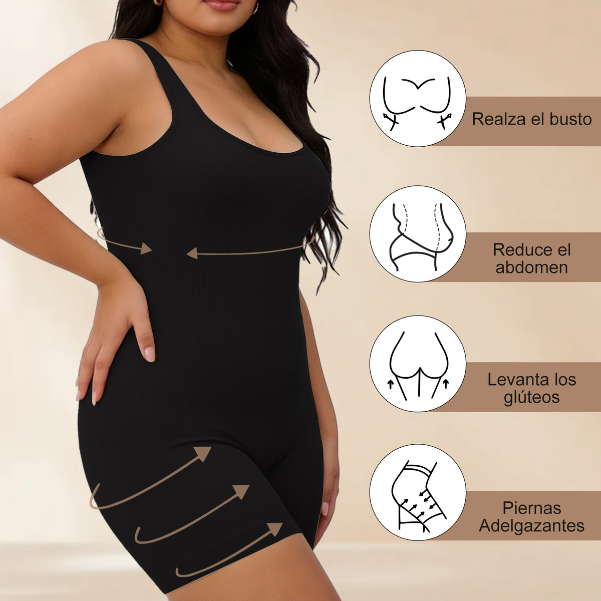 Black seamless bodysuit with shaping feature icons