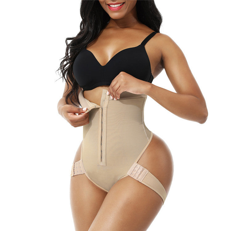 Nude hook-front waist cincher briefs, front view on model