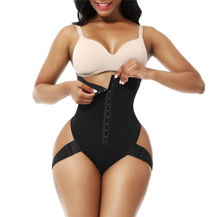 Black waist cincher briefs being fastened at the front