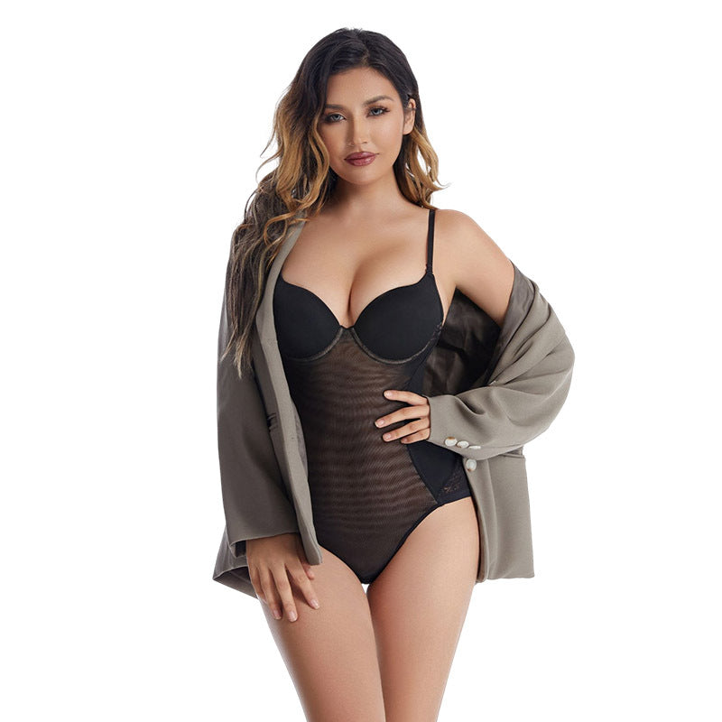 Black underwired shaping bodysuit styled with an open jacket