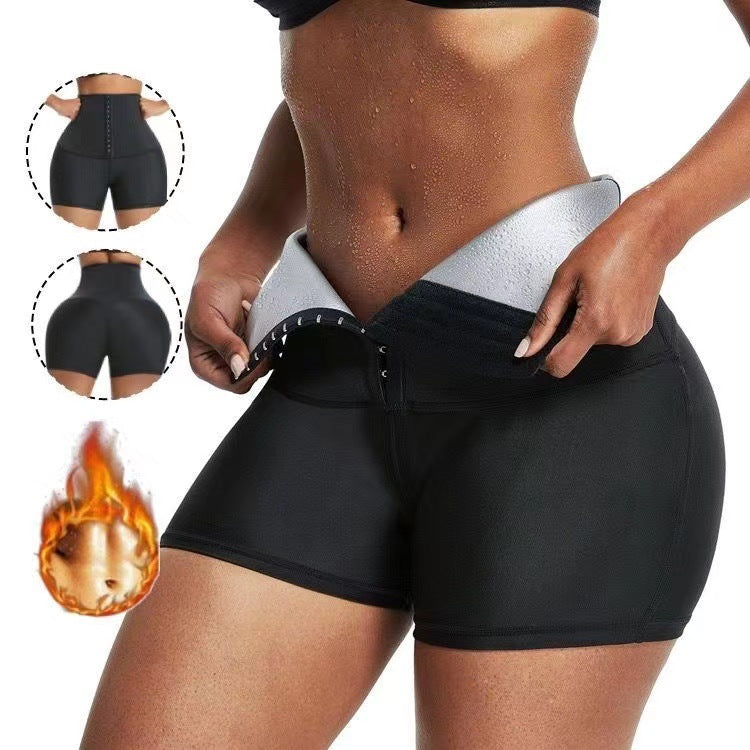 Neoprene workout shorts with silver lining, front view
