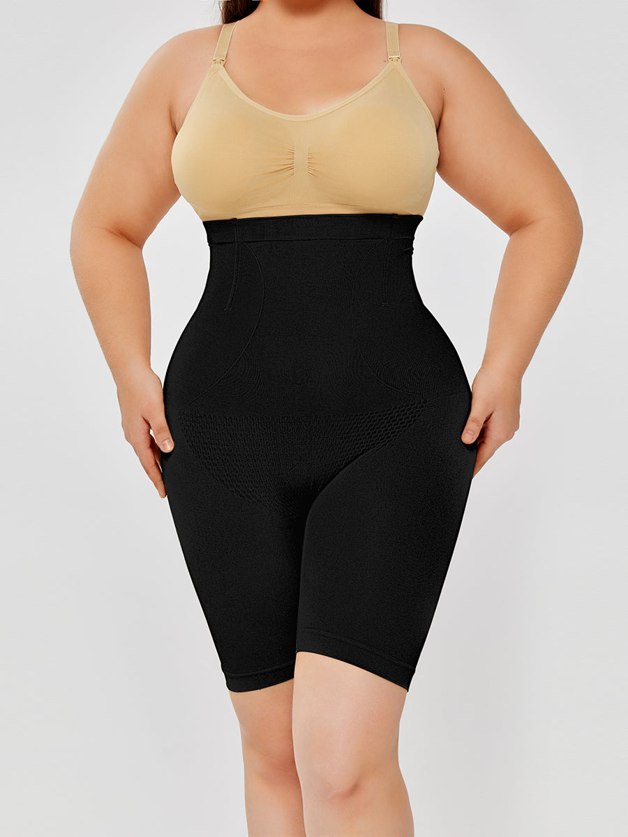 Black boned high-waist shaping shorts, front view on model