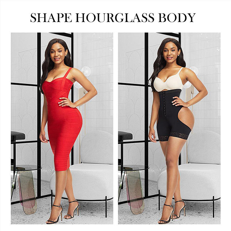 Bum-lift shaping shorts worn under a red dress