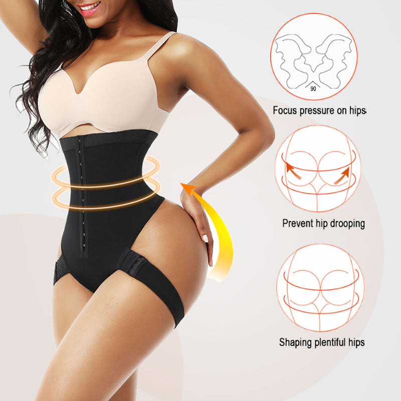 Black waist cincher briefs with waist and hip shaping details