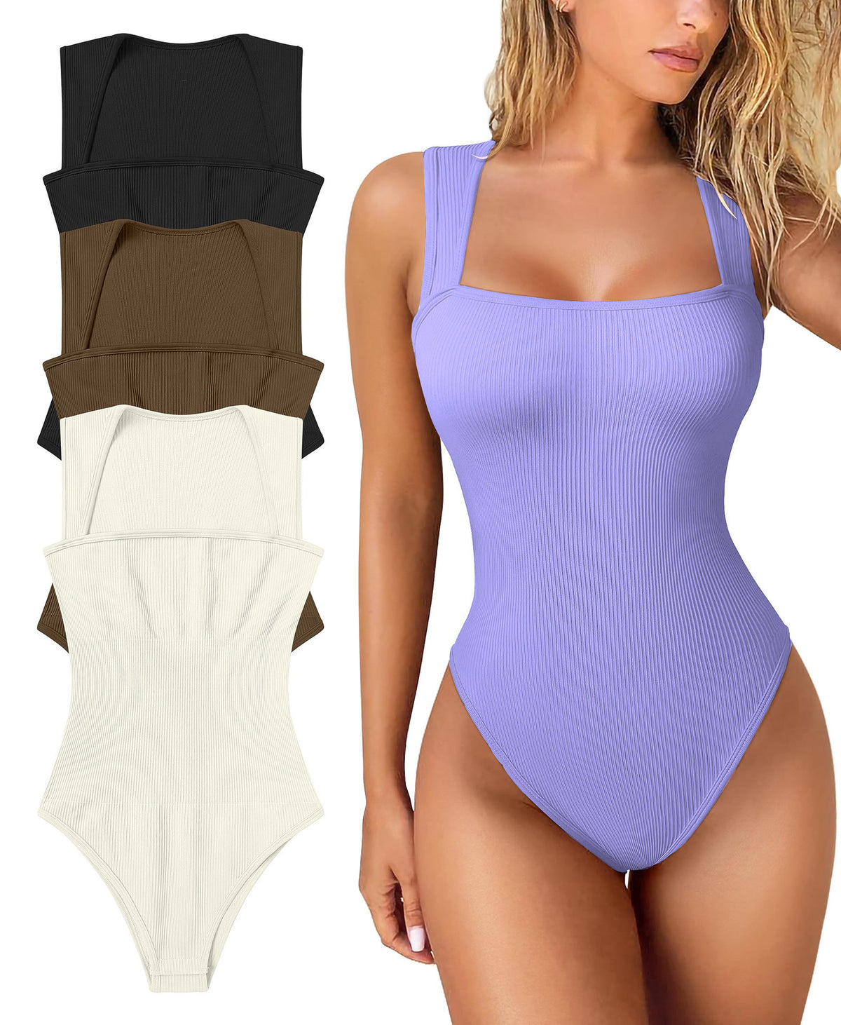 Lilac ribbed square-neck bodysuit, front view on model