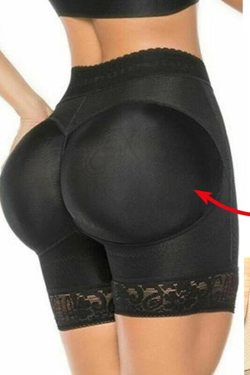 Black padded shaping shorts, close-up of the rounded bum shape