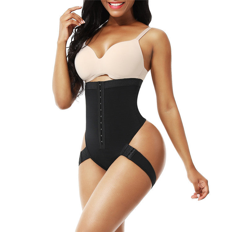 Black hook-front waist cincher briefs, front view on model