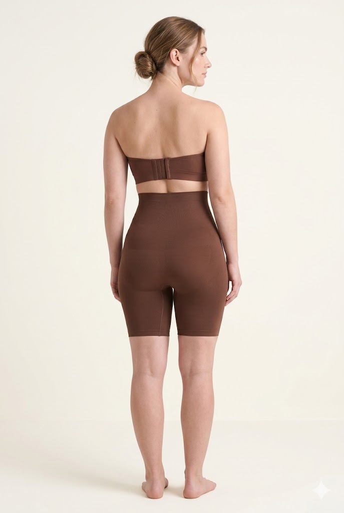 Mocha seamless smoothing shorts, back view on model