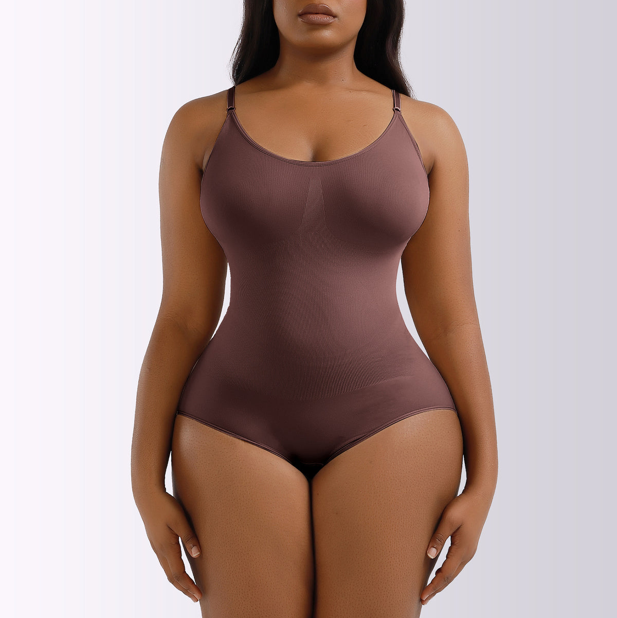 Mocha seamless brief-cut bodysuit, front view on model