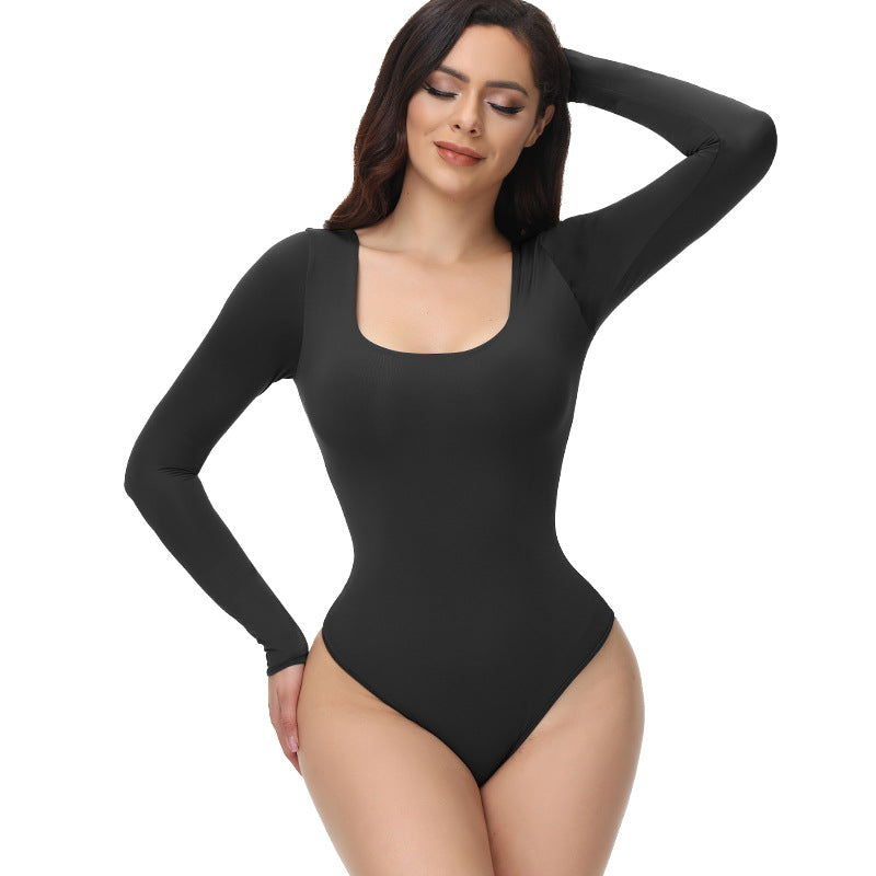Black long-sleeve bodysuit, posed side view