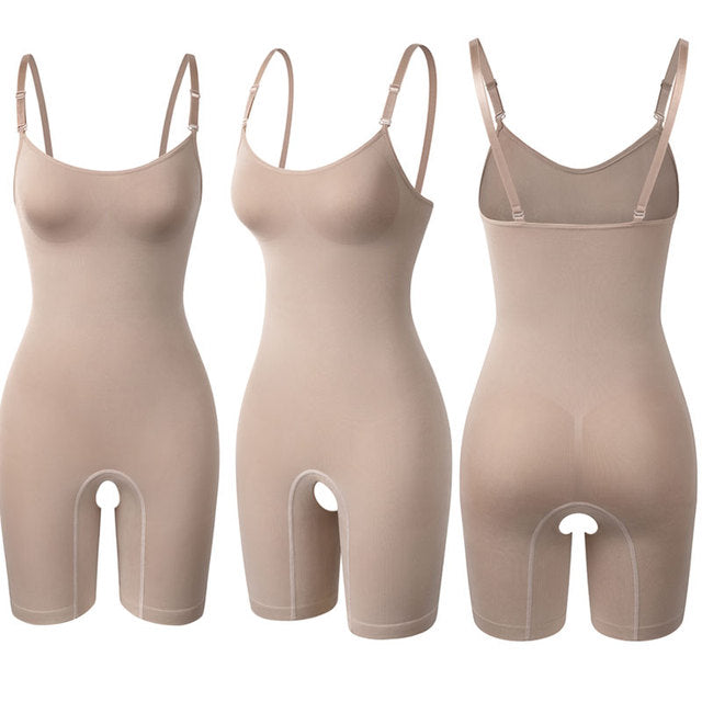 Nude seamless cami body shaper, front, side and back views