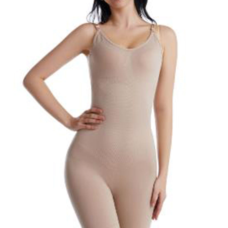 Nude seamless cami full body shaper, front view on model