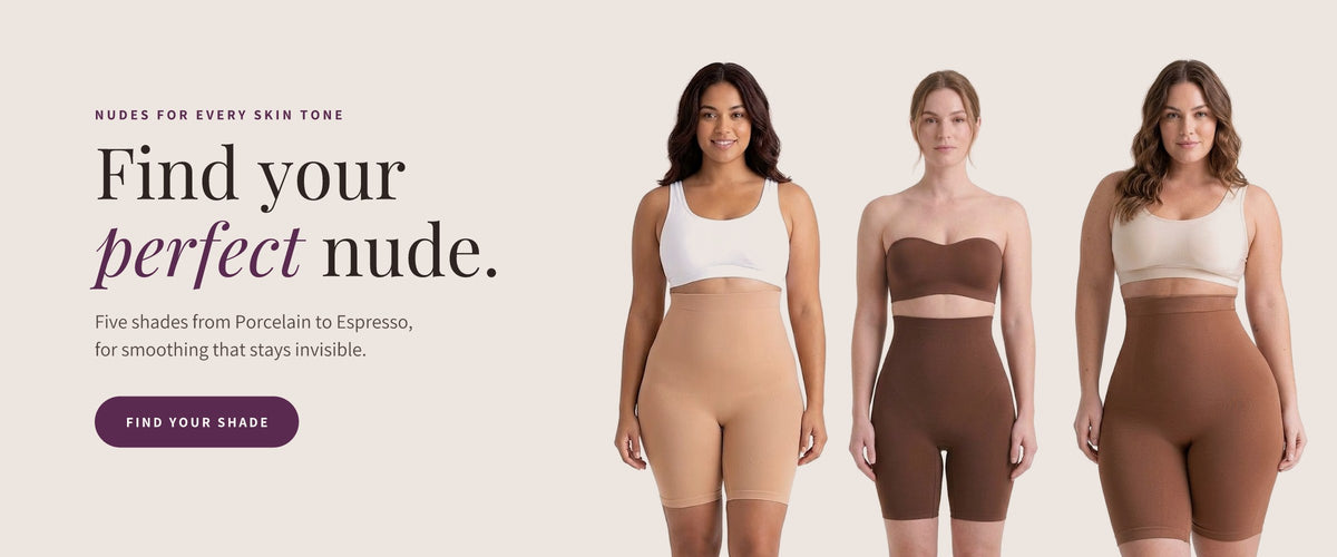 Three women in Lotelle high-waist smoothing shorts in nude, mocha and cocoa. Find your perfect nude.