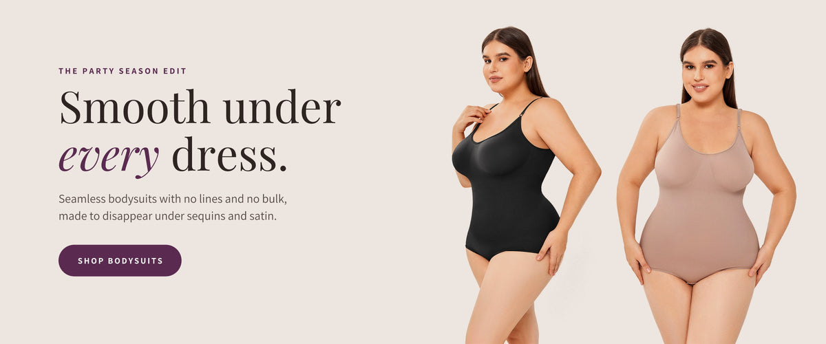 Lotelle seamless scoop-neck bodysuit in black and latte. Smooth under every dress.